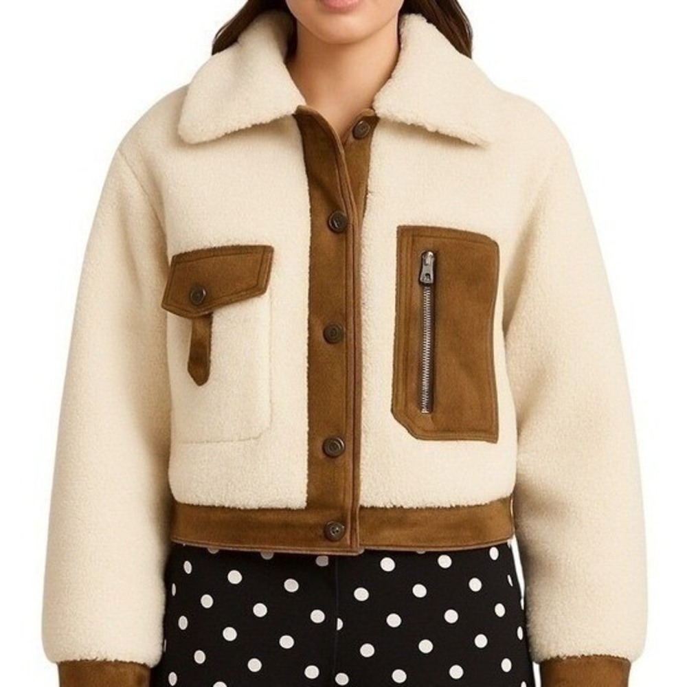 Topshop Faux Shearling Aviator Jacket Womens Small Cream Borg Moto Bomber Coat